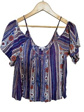 Patrons of Peace Blue and Orange Striped Floral Cold-Shoulder Camisole
